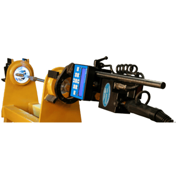 Stock image of a yellow portable bore welder machine with a touch-pad screen for operation.